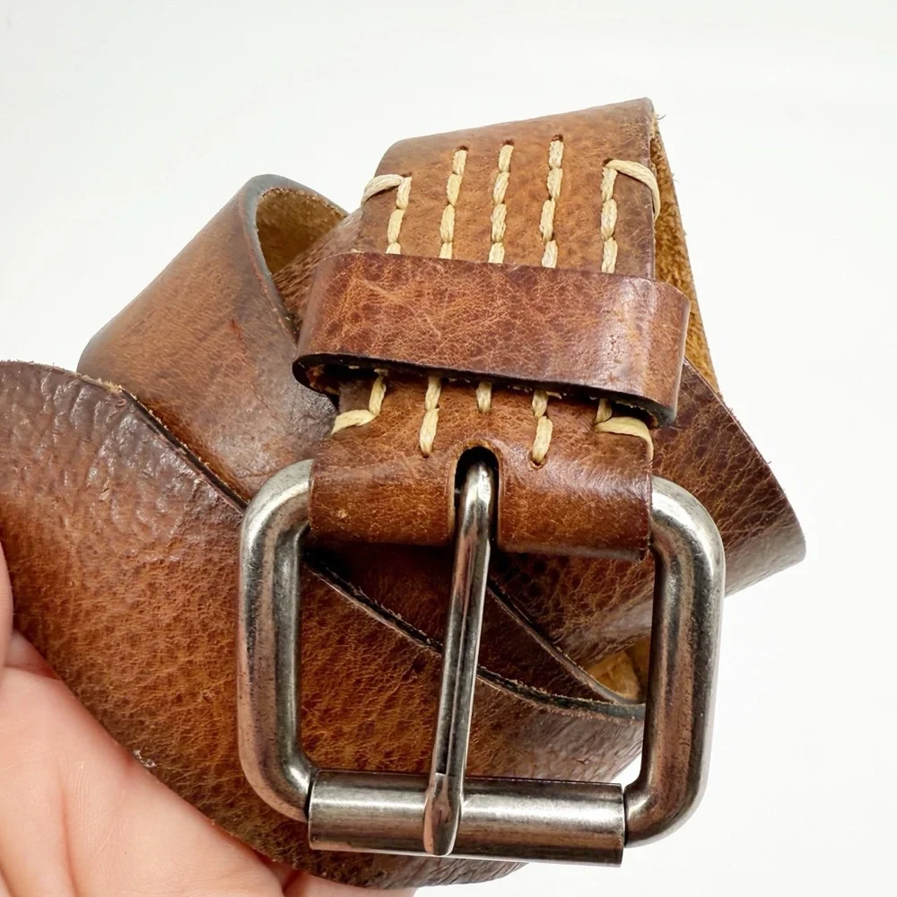 Genuine Leather Burnished Brown Belt with Rectangular Silver Buckle, Size 32
